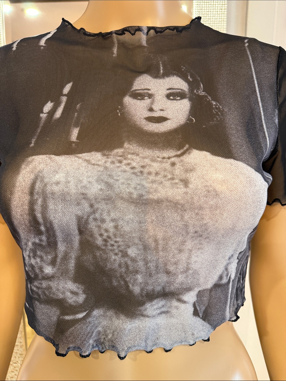 Black Mesh Graphic Crop Top with Vintage Portrait - Picture 6 of 10